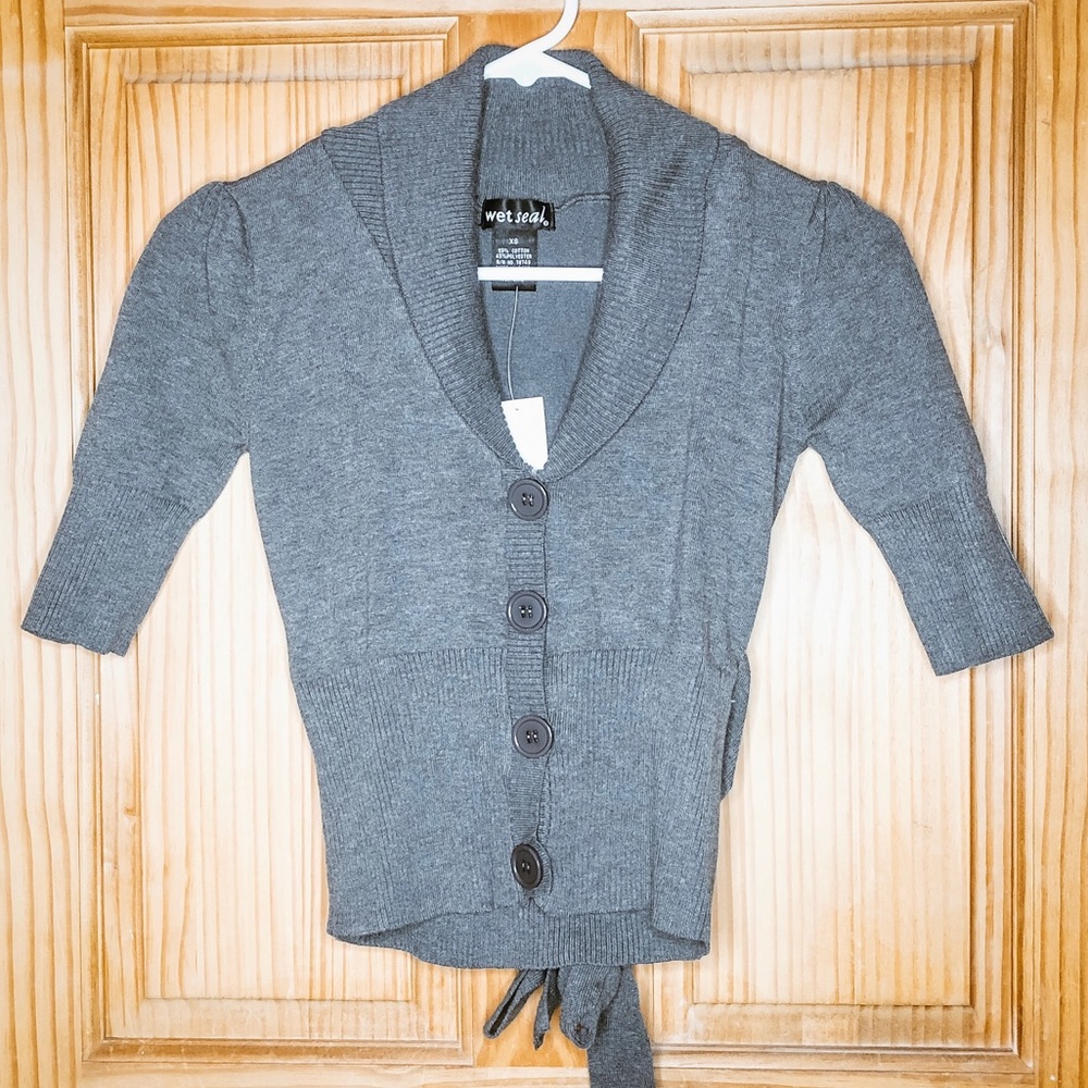 Wet Seal Grey 3/4 Sleeve Tie Cardigan (XS)
